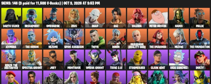 Fortnite account inventory for Darth Vader - Breakpoint - 120 Outfits