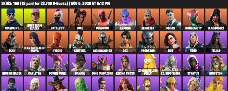 Fortnite account inventory for LVL 1452 - Warpaint - Rose Team Leader - 150 Outfits