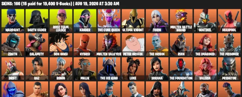 Fortnite account inventory for LVL 2734 - Warpaint - Darth Vader - 166 Outfits