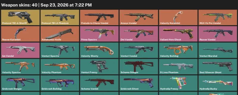 Valorant account inventory for LVL 127 · 40 Skins Reaver Karambit & Reaver Karambit & Velocity Karambit