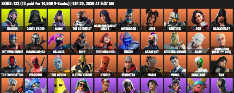 Fortnite account inventory for Xander - Darth Vader - 120 Outfits