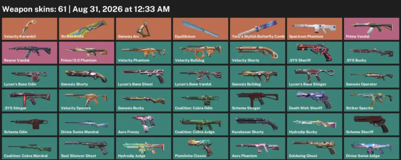 Valorant account inventory for LVL 203 · Striker Knife & Velocity Karambit & 61 Skins Striker Knife
