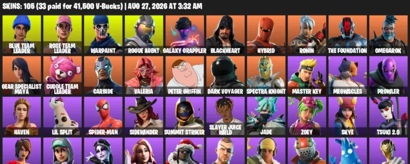 Fortnite account inventory for LVL 1237 - Blue Team Leader - Rose Team Leader - 105 Outfits