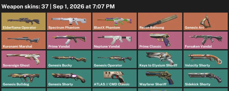 Valorant account inventory for LVL 243 · Elderflame Operator & Aero Phantom