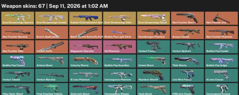 Valorant account inventory for LVL 332 · Araxys Vandal & Venturi Knife
