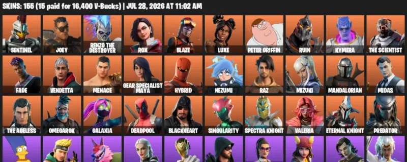 Fortnite Accounts listing: LVL 2500 - Sentinel - Joey - 155 Outfits - 155 outfits