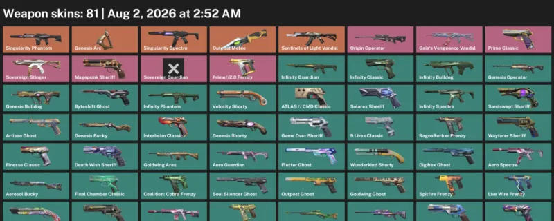 Valorant account inventory for LVL 521 · Aero Phantom & Aero Frenzy