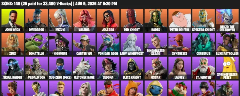 Fortnite account inventory for LVL 2711 - John Wick - Omegarok - 140 Outfits