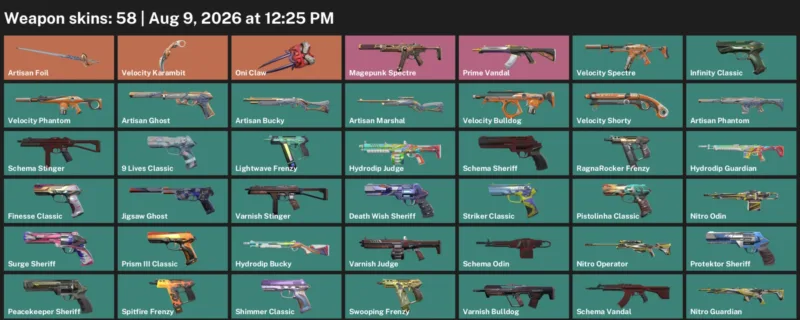 Valorant account inventory for LVL 267 · Velocity Karambit & Artisan Phantom