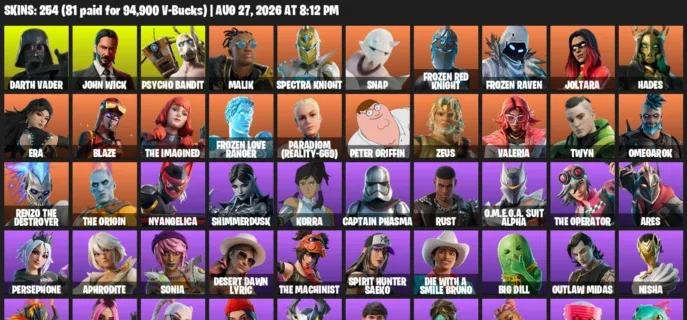 Fortnite account inventory for LVL 1964 - Darth Vader - John Wick - 254 Outfits