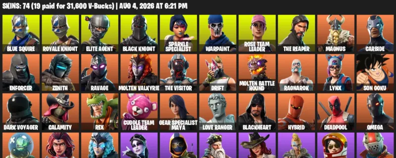 Fortnite account inventory for LVL 975 - Blue Squire - Royale Knight - 74 Outfits