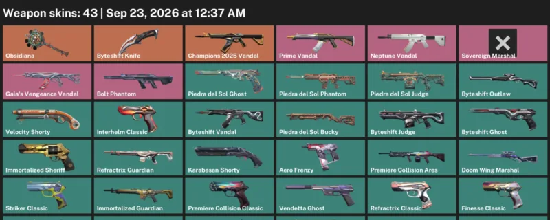 Valorant account inventory for LVL 212 · Champions 2025 Vandal & Byteshift Knife