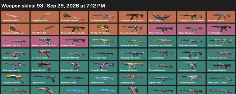 Valorant account inventory for LVL 93 · 93 Skins Composite Knife & Composite Knife & Interhelm Sword