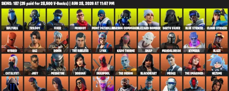 Fortnite account inventory for LVL 3018 - Sultura - Trilogy - 187 Outfits