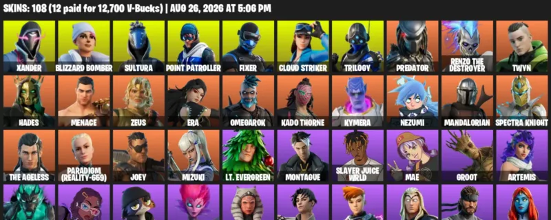 Fortnite account inventory for LVL 2037 - Xander - Blizzard Bomber - 108 Outfits