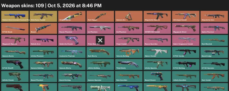 Valorant account inventory for LVL 308 · Tac Blade & Ruin Dagger