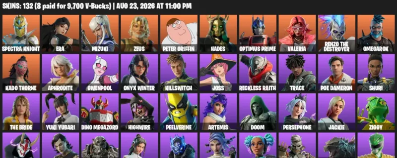 Fortnite account inventory for LVL 2209 - Spectra Knight - Era - 132 Outfits