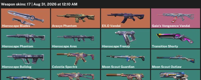 Valorant account inventory for LVL 83 · 17 Skins Araxys Phantom & Araxys Phantom & Celestia Ghost