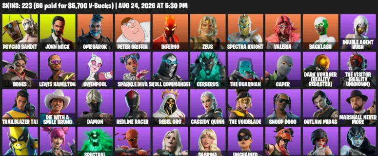 Fortnite account inventory for LVL 1398 - Psycho Bandit - John Wick - 223 Outfits