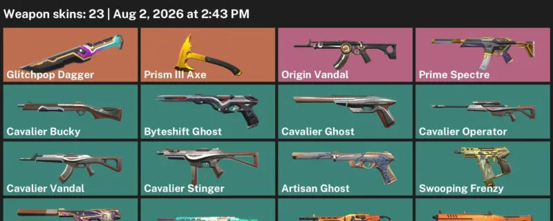 Valorant account inventory for LVL 141 · Glitchpop Dagger & Cavalier Vandal