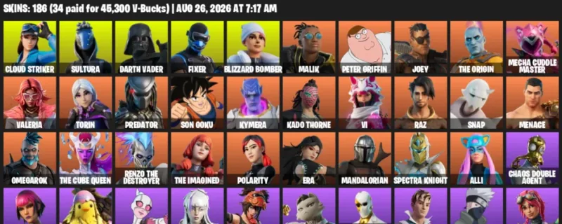 Fortnite account inventory for LVL 2239 - Cloud Striker - Sultura - 186 Outfits
