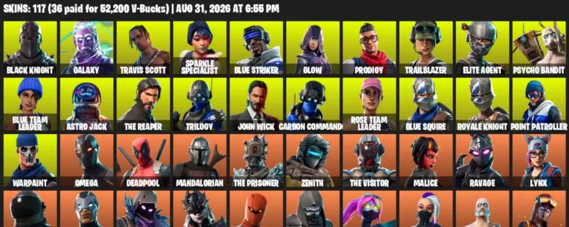 Fortnite account inventory for LVL 960 - Black Knight - Galaxy - 117 Outfits