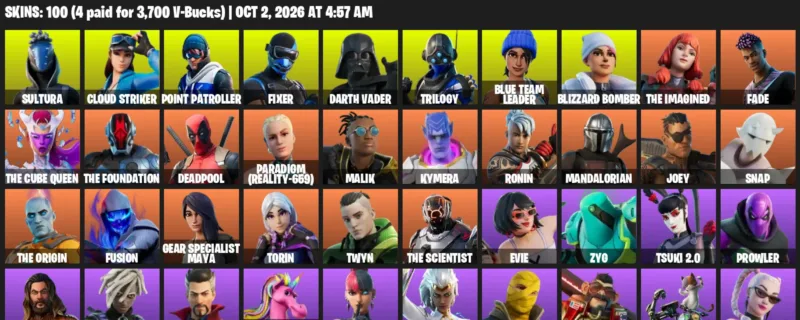 Fortnite account inventory for Sultura - Cloud Striker - 100 Outfits