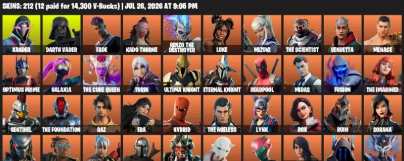 Fortnite Accounts listing: LVL 3148 - Xander - Darth Vader - 212 Outfits - 212 outfits