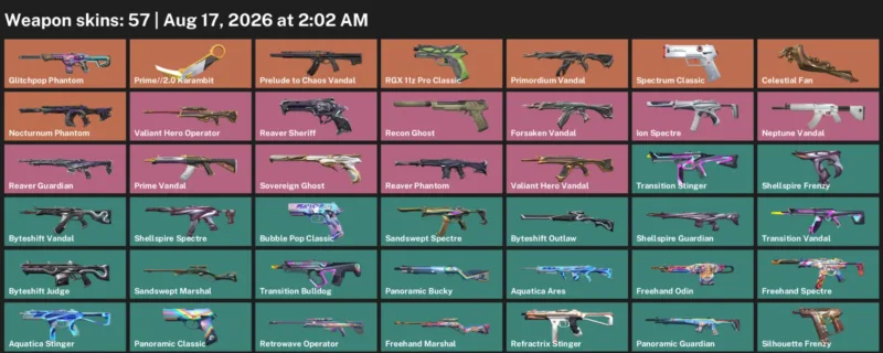 Valorant account inventory for LVL 103 · Celestial Fan & Prime & 2.0 Karambit