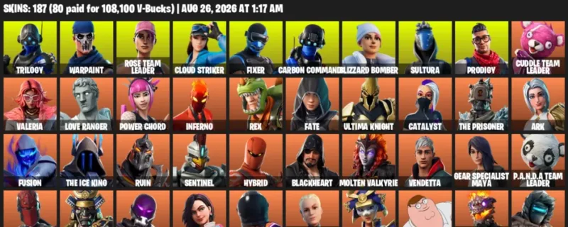 Fortnite account inventory for LVL 2570 - Trilogy - Warpaint - 187 Outfits
