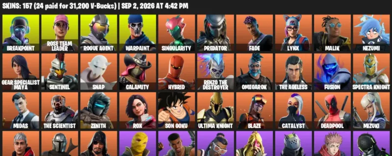 Fortnite account inventory for LVL 1868 - Breakpoint - Rose Team Leader - 157 Outfits