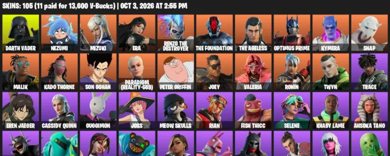Fortnite account inventory for Darth Vader - Nezumi - 105 Outfits