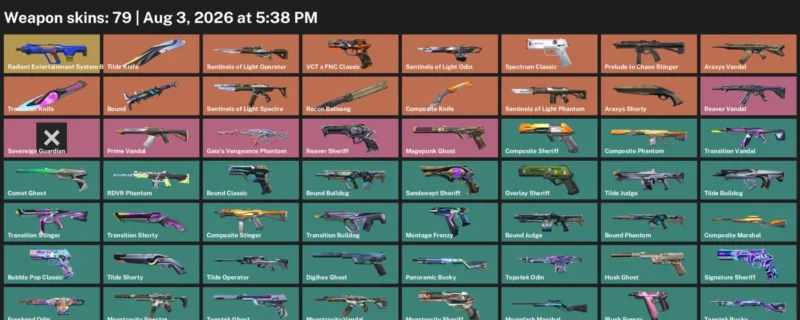 Valorant account inventory for LVL 249 · Transition Knife & Araxys Vandal