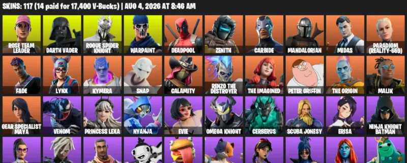 Fortnite account inventory for LVL 1251 - Rose Team Leader - Darth Vader - 117 Outfits