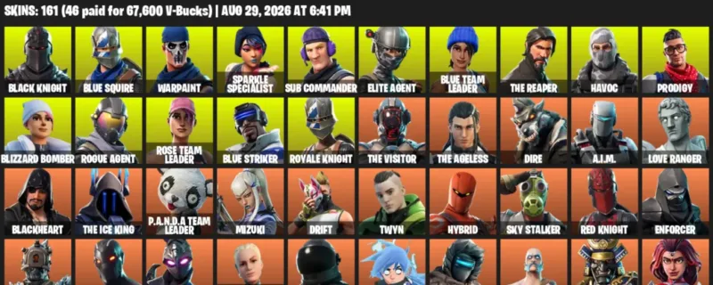 Fortnite account inventory for LVL 1676 - Black Knight - Blue Squire - 161 Outfits
