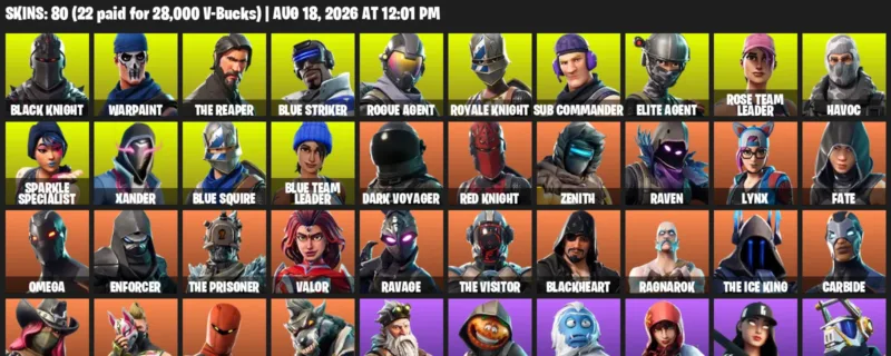 Fortnite account inventory for LVL 783 - Black Knight - Warpaint - 80 Outfits
