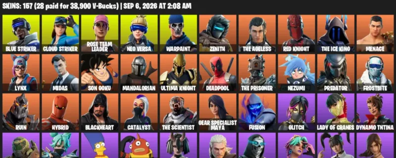 Fortnite account inventory for LVL 2560 - Blue Striker - Cloud Striker - 157 Outfits