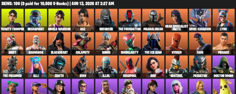 Fortnite account inventory for LVL 1319 - Trinity Trooper - Breakpoint - 106 Outfits