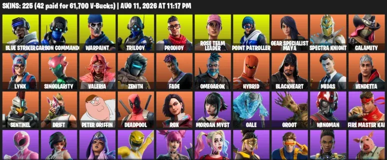 Fortnite account inventory for LVL 1567 - Blue Striker - Carbon Commando - 225 Outfits