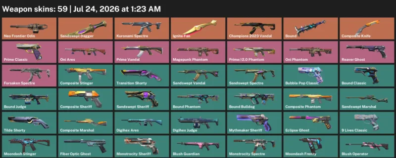 Valorant Accounts listing: LVL 200 · Composite Knife & Ignite Fan · 59 Skins - Bronze 2, 59 skins