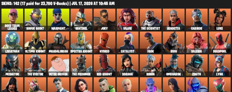 Fortnite Accounts listing: LVL 2299 - Rose Team Leader - Rogue Agent - 142 Outfits - 142 outfits