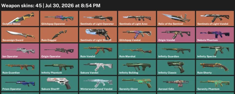 Valorant Accounts listing: LVL 80 · Outpost Melee & Ruin Dagger · 45 Skins - Gold 2, 45 skins