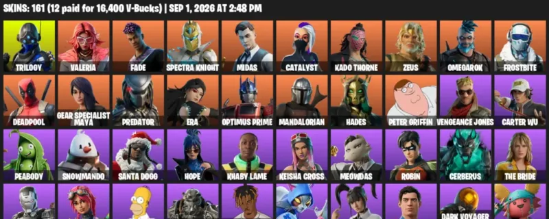 Fortnite account inventory for LVL 3279 - Trilogy - Valeria - 161 Outfits