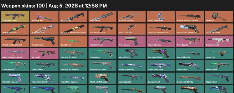 Valorant account inventory for LVL 496 · 100 Skins Champions 2022 Butterfly Knife & Reaver Karambit