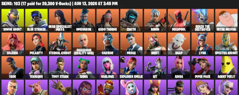 Fortnite account inventory for LVL 1377 - Rogue Agent - Blue Striker - 103 Outfits