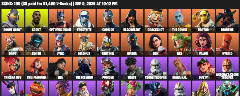 Fortnite account inventory for LVL 1278 - Rogue Agent - Scout - 100 Outfits