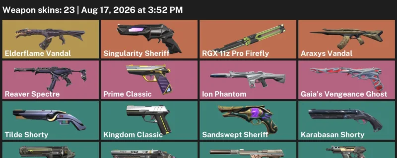 Valorant account inventory for LVL 216 · Araxys Vandal & Elderflame Vandal