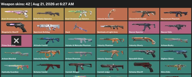 Valorant account inventory for LVL 136 · Velocity Karambit & ChronoVoid Vandal