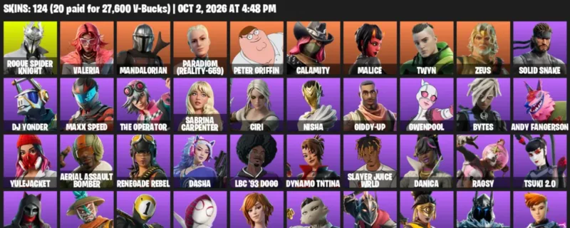 Fortnite account inventory for Rogue Spider Knight - Valeria - 120 Outfits