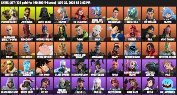 Fortnite account inventory for LVL 2939 - Psycho Bandit - John Wick - 297 Outfits